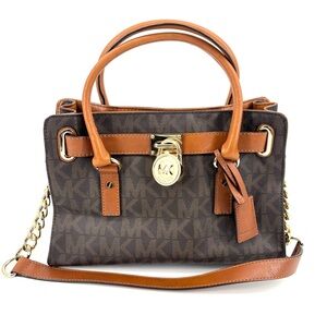 Michael Kors Hamilton Satchel Monogram Gold Chain Lock Shoulder Bag Purse Logo
